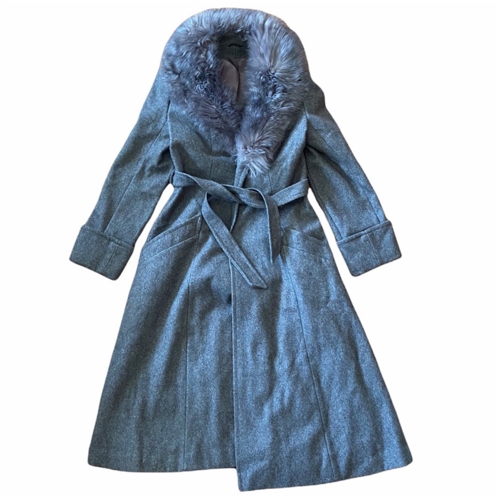 Vintage Coat Winter Faux Fur Collar Wool Grey Trench